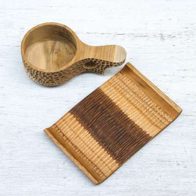 Taza y plato de madera de teca - Taza y plato de madera de teca hechos a mano en marrón claro