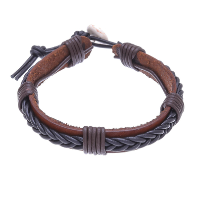 Braided Leather Wristband Bracelet in Black from Thailand