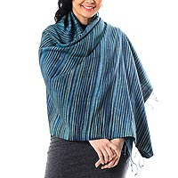 Silk and cotton blend shawl, 'Gorgeous Stripes in Light Blue'