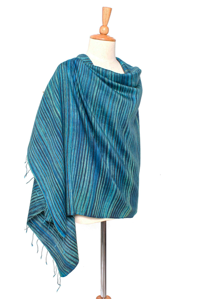Silk and cotton blend shawl, 'Gorgeous Stripes in Light Blue' - Striped Silk and Cotton Blend Shawl in Light Blue