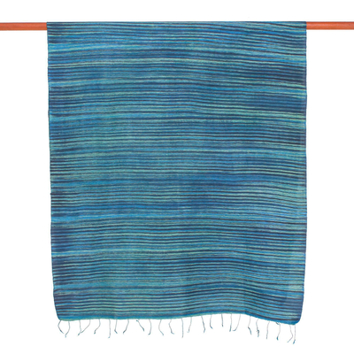 Silk and cotton blend shawl, 'Gorgeous Stripes in Light Blue' - Striped Silk and Cotton Blend Shawl in Light Blue