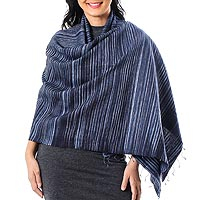 Silk and cotton blend shawl, 'Gorgeous Stripes in Blue'