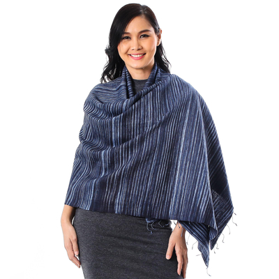 Silk and cotton blend shawl, Gorgeous Stripes in Blue