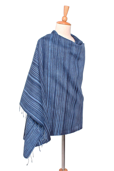 Silk and cotton blend shawl, 'Gorgeous Stripes in Blue' - Striped Silk and Cotton Blend Shawl in Blue from Thailand