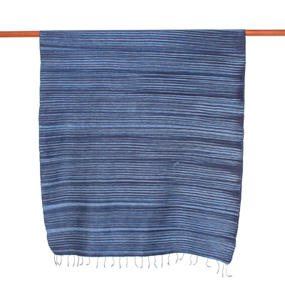 Silk and cotton blend shawl, 'Gorgeous Stripes in Blue' - Striped Silk and Cotton Blend Shawl in Blue from Thailand