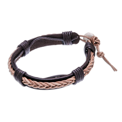 Leather Wristband Bracelet with Braided Accent in Dark Brown