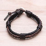 Leather Wristband Bracelet with Braided Accent in Brown, 'Perfect Style in Dark Brown'