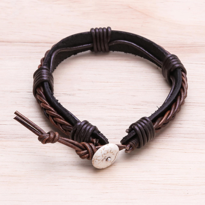 Leather wristband bracelet, 'Perfect Style in Dark Brown' - Leather Wristband Bracelet with Braided Accent in Brown