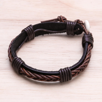 Leather wristband bracelet, 'Perfect Style in Dark Brown' - Leather Wristband Bracelet with Braided Accent in Brown