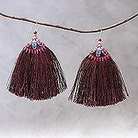 Cotton blend dangle earrings, 'Hill Tribe Fringe' - Cotton Blend Fringed Dangle Earrings from Thailand