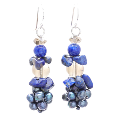 Lapis Lazuli and Cultured Pearl Cluster Earrings
