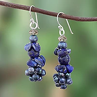 Ohrringe aus Lapislazuli und Zuchtperlen, „Geschenk des Himmels“ – Cluster-Ohrringe aus Lapislazuli und Zuchtperlen