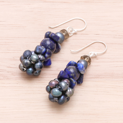 Lapis lazuli and cultured pearl earrings, 'Heaven's Gift' - Lapis Lazuli and Cultured Pearl Cluster Earrings