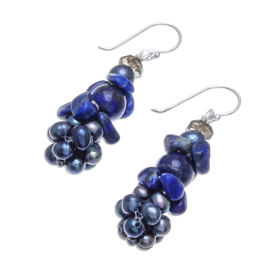 Pendientes de lapislázuli y perlas cultivadas - Aretes de racimo de lapislázuli y perlas cultivadas