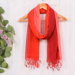 Cotton shawl, 'Beautiful Sunset' - Ombre Cotton Shawl in Red and Orange from Thailand