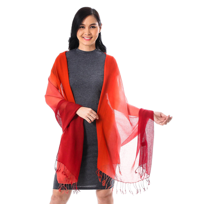 Cotton shawl, 'Beautiful Sunset' - Ombre Cotton Shawl in Red and Orange from Thailand
