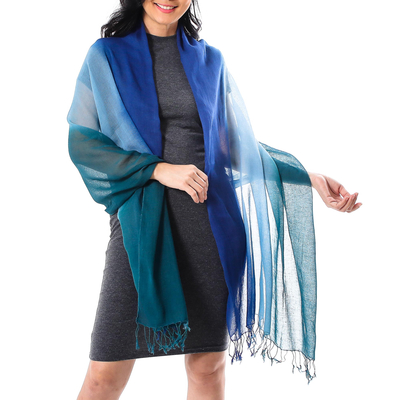 Cotton shawl, 'Cool Night' - Ombre Cotton Shawl in Blue from Thailand