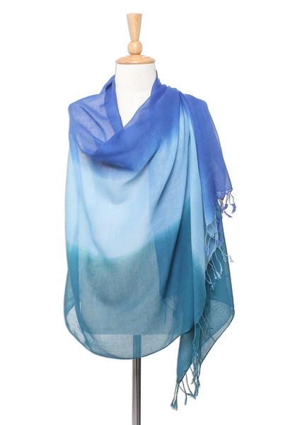 Cotton shawl, 'Cool Night' - Ombre Cotton Shawl in Blue from Thailand