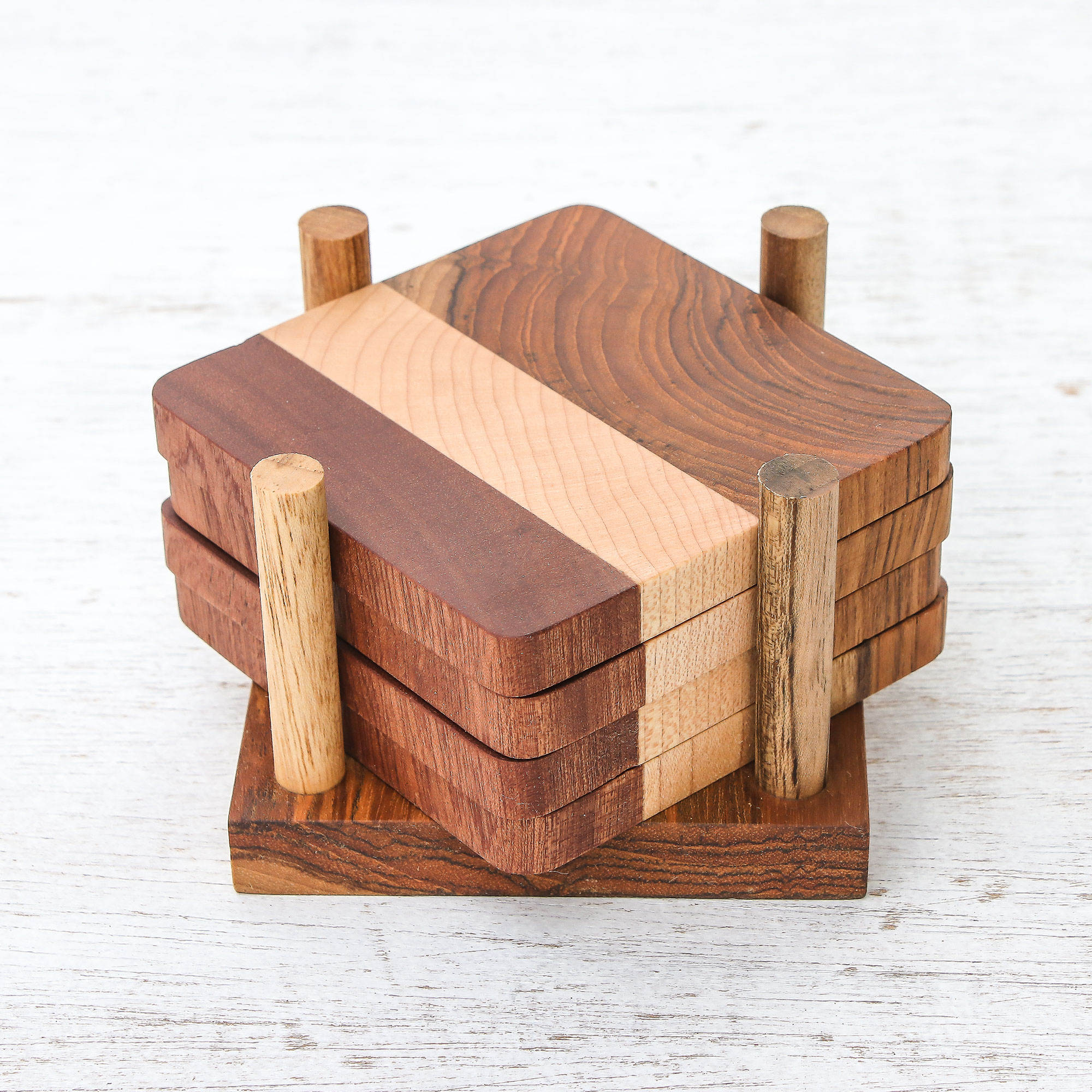 Wood Coaster Set With Holder Solid Wooden Coasters 4 Handmade