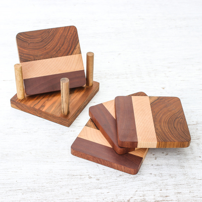 Wood coasters, 'Cool Nature' (set of 4) - Handmade Wood Coasters and Holder from Thailand (Set of 4)