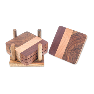 Wood coasters, 'Cool Nature' (set of 4) - Handmade Wood Coasters and Holder from Thailand (Set of 4)
