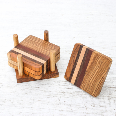 Wood coasters, 'Striped Nature' (set of 4) - Striped Wood Coasters from Thailand (Set of 4)