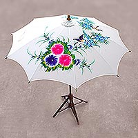 Cotton and bamboo parasol, 'Birds and Flowers' - Floral Bird-Themed Cotton and Bamboo Parasol from Thailand