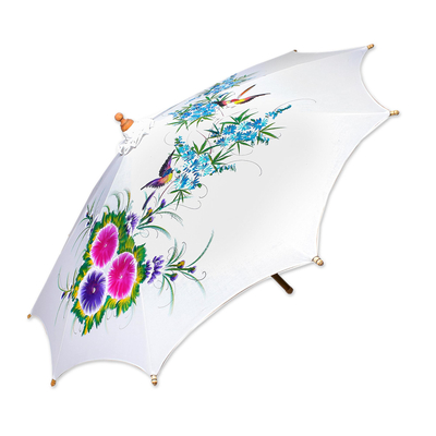 Cotton and bamboo parasol, 'Birds and Flowers' - Floral Bird-Themed Cotton and Bamboo Parasol from Thailand