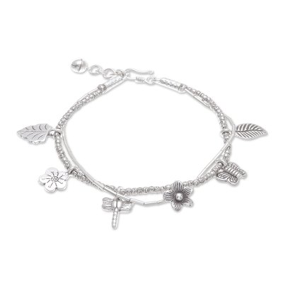 Silver beaded charm bracelet, 'Karen Fields' - Karen Silver Nature Themed Charm Bracelet from Thailand