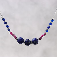 Lapis lazuli and quartz beaded necklace, 'Karen Summer' - Karen Silver Lapis Lazuli and Dyed Quartz Beaded Necklace