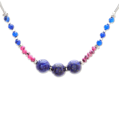 Karen Silver Lapis Lazuli and Dyed Quartz Beaded Necklace