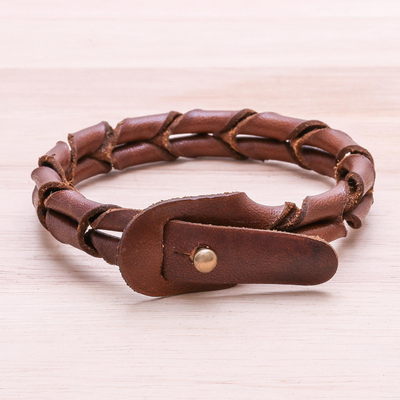Leather wristband bracelet, 'Brown Coil' - Spiral Pattern Leather Wristband Bracelet from Thailand