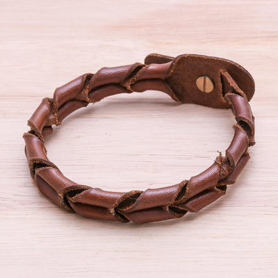 Leather wristband bracelet, 'Brown Coil' - Spiral Pattern Leather Wristband Bracelet from Thailand