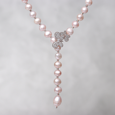 Rose gold accented cultured pearl Y-necklace, 'Beautiful Butterfly in Pink' - Cultured Pearl Y-Necklace in Pink from Thailand