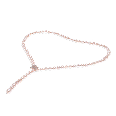 Rose gold accented cultured pearl Y-necklace, 'Beautiful Butterfly in Pink' - Cultured Pearl Y-Necklace in Pink from Thailand