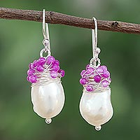 Cultured pearl and quartz dangle earrings,' Glamorous Season' - Silver Accented Cultured Pearl and Quartz Earrings