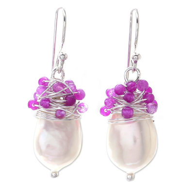 Silver Accented Cultured Pearl and Quartz Earrings