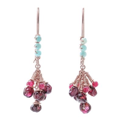 Multi-gemstone dangle earrings, 'Burgundy Cluster' - Multi-Gemstone Dangle Earrings from Thailand