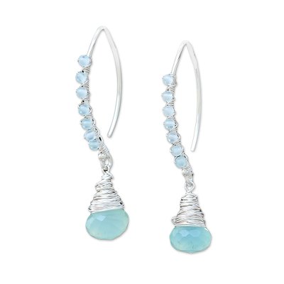 Glass beaded sterling silver dangle earrings, 'Blue Meadow' - Glass Beaded Sterling Silver Dangle Earrings from Thailand