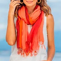 Cotton scarves, 'Delightful Breeze in Red' (pair)