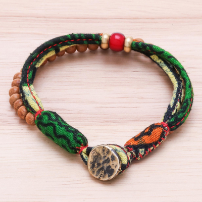 Wood and cotton beaded strand bracelet, 'Verdant Appeal' - Wood and Cotton Beaded Strand Bracelet in Green