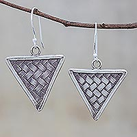 Silver dangle earrings, 'Triangle Weave' - Weave Motif Karen Silver Dangle Earrings from Thailand