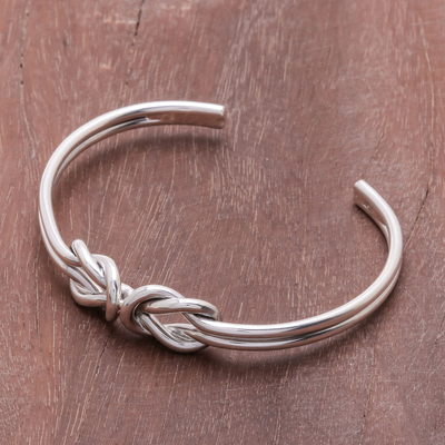Sterling silver cuff bracelet, 'Double Knot' - Knotted Sterling Silver Cuff Bracelet from Thailand