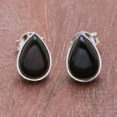 Onyx stud earrings, 'Droplet Gleam in Black' - Drop-Shaped Black Onyx Stud Earrings from Thailand