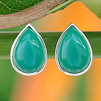 Onyx stud earrings, 'Droplet Gleam in Green'
