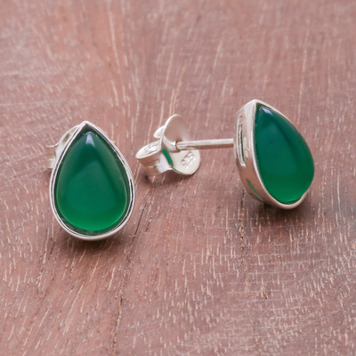 Onyx stud earrings, 'Droplet Gleam in Green' - Drop-Shaped Green Onyx Stud Earrings from Thailand