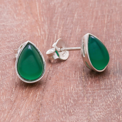Onyx stud earrings, 'Droplet Gleam in Green' - Drop-Shaped Green Onyx Stud Earrings from Thailand