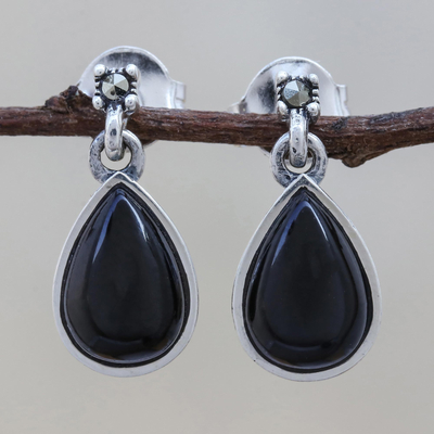 Ohrhänger aus Onyx - Tropfenförmige Ohrhänger aus schwarzem Onyx aus Thailand