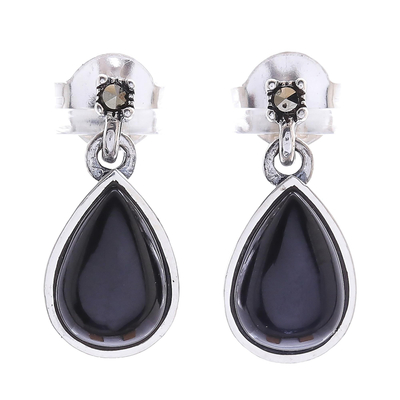 Drop-Shaped Black Onyx Dangle Earrings from Thailand