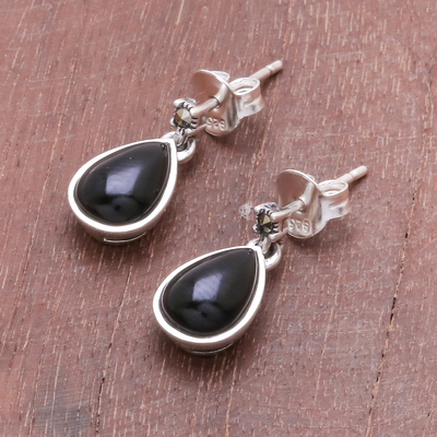 Onyx dangle earrings, 'Droplet Gleam in Black' - Drop-Shaped Black Onyx Dangle Earrings from Thailand